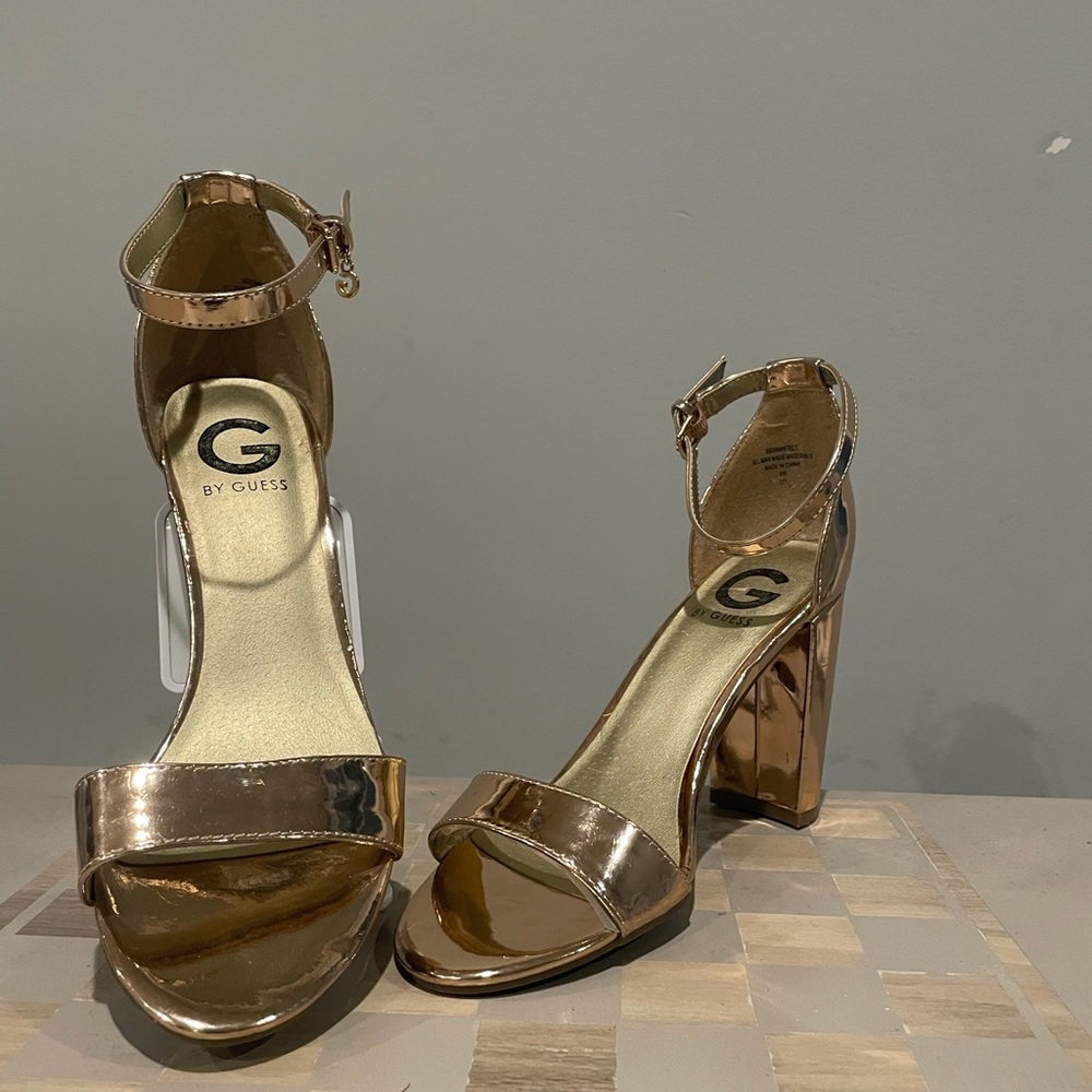 Rose gold ankle strap heels